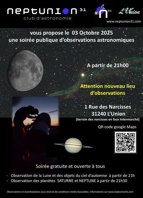 Soirée publique d’observation astronomique – Vendredi 3 octobre à 21h